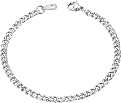 ChainsHouse Cuban Link Bracelet for Men Women Thin Chain Silver Bracelets Hand Wrist Chains 3mm 16cm