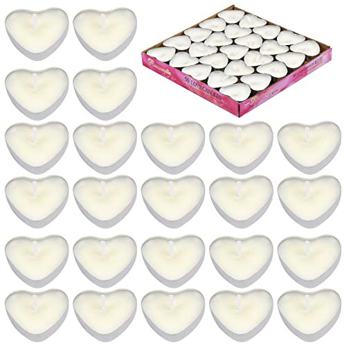 NATUCE Set di 50 candele riscaldatori piatti a forma di cuore, candele riscaldatori piatti bianchi non profumati per feste di compleanno Natale, Ø 38 mm