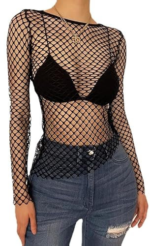 Camiseta sexy de malla transparente para mujer, de manga larga, con purpurina, blusa para fiesta, rejilla, Negro, Medium