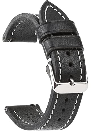 Berfine 20mm Weich Vegetabil Gegerbte Rindleder Uhrenarmband, Quick Release Leder Uhrenband, Ersatzarmband für Smartwatch, Schwarze