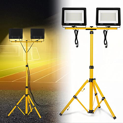 YARDIN Led Baustrahler mit Stativ 2 * 200W Warmweiß Arbeitsleuchte Bauscheinwerfer inkl. Netzkabel, IP66 Wasserdicht Höhenverstellbar Arbeitsscheinwerfer für Werkstatt Baustelle Garage