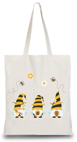 CREATCABIN Gnome Bee Cotton Tote Bag Canvas 100% Cotton Reusable Shopping Bags Beach Bag Summer Grocery Bags Eco-Friendly Aesthetic DIY Craft Multi-Function for Women Gifts Daily Life 13.3 x 15 Inch