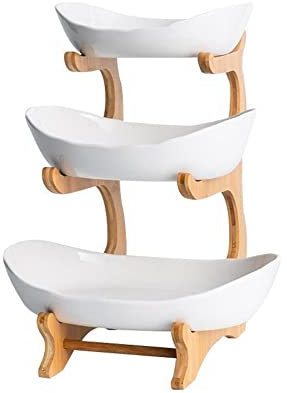 Qrenia 3 Tier Ceramic Fruit Bowl with Bamboo Wood Stand, Large Fruit Basket for Kitchen, Ceramic Serving Tray Set for Sushi, Dessert, Fruit,Cake
