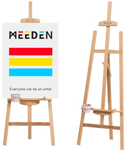 MEEDEN Caballete para Pintar de Madera de Haya - Caballete Trípode Tipo Lira Ajustable con Portapinceles, Vaso y Base Metálica - Soporte para Lienzo, Exposiciones y Señales de Boda