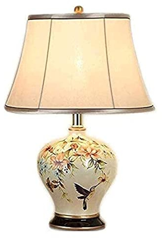 JITEM Lámpara de Mesa Classic Vintage Ceramics Table Lamp w/Button Switch Oriental Vase-Like Cloth Lampshade Desk Lamp Antique Flowers Decorated Porcelain Bedroom Bedside Lamp Nightstand Lamp
