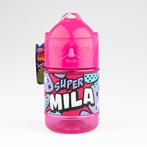 Personalisierte Kinder-Trinkflasche, Wasserflasche mit Strohhalm, Super Mila, Rosa