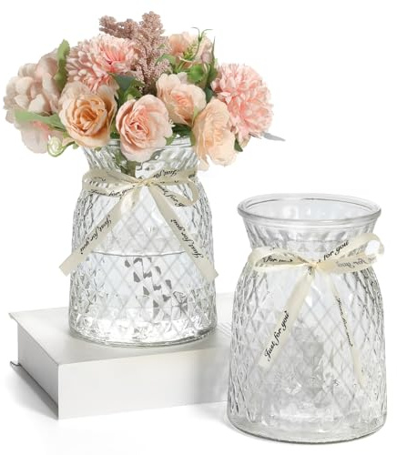 SOJOCK 2PACK Glass Flower Vases(Flowers NOT Included),6.3 High Diamond Pattern Vases,Vintage Vases for Centrepieces,Wedding Decorations,Home Table Flower Decorations