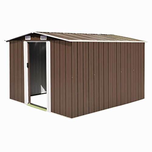 ARKEM Casetta da Giardino 257x298x178 cm in Metallo Marrone,Casetta da Giardino per Attrezzi, Capanno in Lamiera d'Acciaio con Tetto Inclinato, Ripostiglio per Attrezzi con Porte Scorrevoli per Giardi