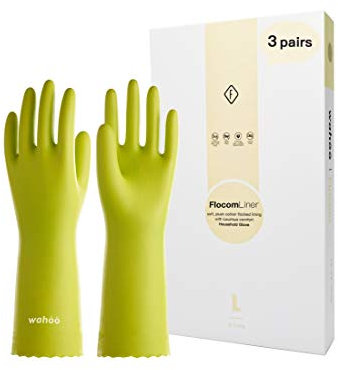 wahoo 3 Paires Gants Menage, Gants Vaisselle Doublure Floquée en Coton, Extra Doux Gants de Nettoyage, Sans latex, Étanche, Bourgeon Tendre, Taille S