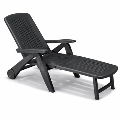 Tomaino - Sonnenliege aus Kunststoff für den Garten - Rückenlehne neigbar, klappbar mit Rädern - Camping, Strand, Pool, für den Außenbereich (schwarz)
