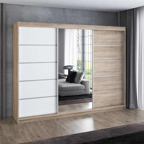 A&J MöbelLand Schwebetürenschrank VILUNO 1 Kleiderschrank 3-türig 200 cm mit Spiegel, 4 Schubladen & 2 Kleiderstangen, Geräumiger Schlafzimmerschrank (Sonoma/weiß)
