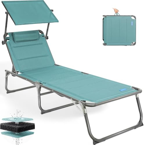 Homecall Sonnenliege Klappbar mit Dach, Kopfstütze, Bis 180 kg, 200x70 cm | mit 5-fach verstellbare Rückenlehne, Quick-Dry-Schaumstoff, Luxus Gartenliege Wetterfest, Aluminiumgestell für Garten, Balkon