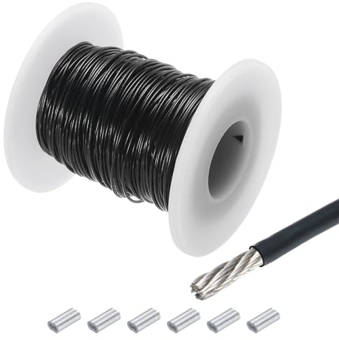 QUARKZMAN 98Ft(30M) Câble Métallique en Acier Inoxydable 304 3/64 (1.2 mm) Revêtement en Vinyle avec 6Pcs Manchons en Aluminium pour Suspendre, Étendre le Linge, Soulever, Noir