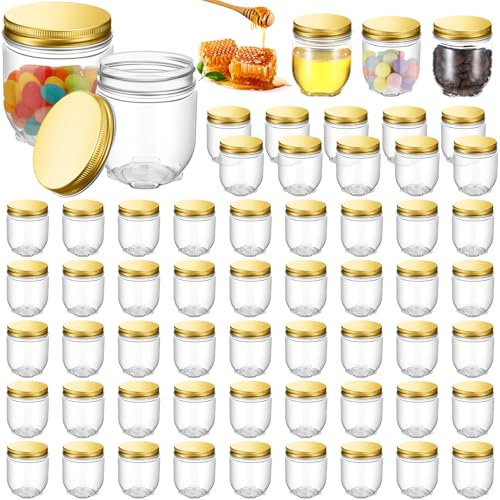 Tanlade 60 Pcs 4 oz Clear Plastic Wide Mouth Mason Jars with Lids Small Honey Jar Mini Storage Containers Bulk for Herb Jelly Butter Wedding Favors Shower Party(Gold)