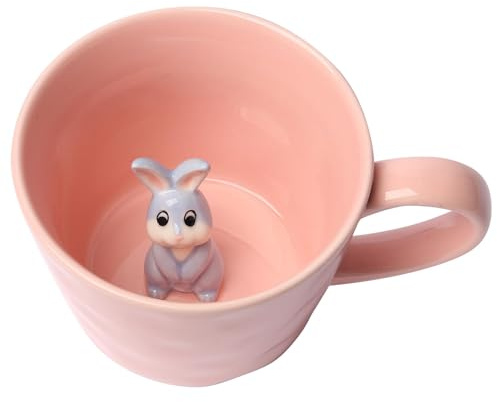 Cteahrow Taza de cerámica con diseño de animales 3D en el interior, 360 ml, hecha a mano, taza de café dulce con diseño interesante, regalo de cumpleaños para los amantes del café y la leche (conejo)