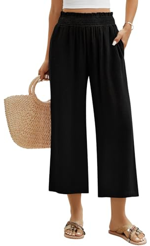 PASUDA Donna Lino e Cotone Pantaloni Estivi Leggeri Eleganti - 7/8 Gamba Larga Con Vita Elastica, Casual Comodi Con Tasche
