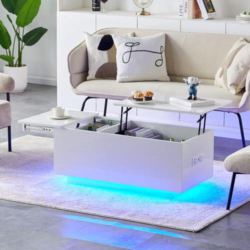 TUKAILAi White High Gloss Lift Top Coffee Table with Charging Station, LED Lifting Coffee Table Hidden Storage Shelf Adjustable LED Lights Centre Table for Home Office Living Room