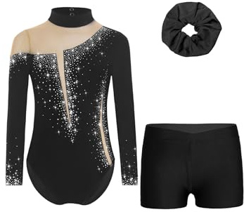 Manyakai Maillot Leotardo de Gimnasia para Niña de Manga Larga de Colorido Brillante con Pantalón Corto de Deporte Traje de Gimnasia Rítmica Disfraz de Bailarina 5-16 Años Negro A 9-10 años