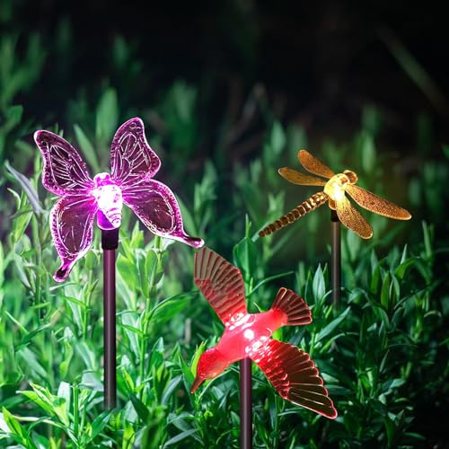 Luolety Solar-Gartenleuchten für den Außenbereich, Schmetterling, Libelle und Kolibri, LED-Pfahllichter, mehrfarbiger Farbwechsel, wasserdicht, 3 Stück, 50,8 cm