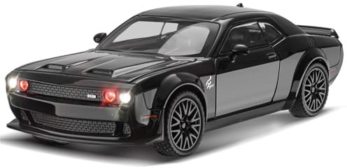 MODVKVK Dodge Challenger 1:32 Modellauto, Spielzeugautos aus Druckgussmetall, Hellcat-Spielzeugauto mit Ton und Licht, Hellcat Auto mit Rückziehfunktion für Kinder ab 3 Jahren und Autosammler(Schwarz)