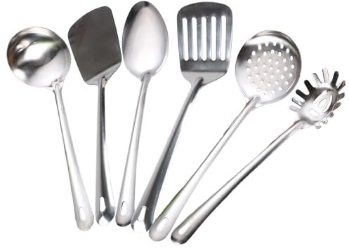 6 Pcs Stainless Steel Kitchen Utensils Set Slotted Spoon Spatula Ladle Kitchen Skimmer Kitchen Gadgets and Tools Accessories