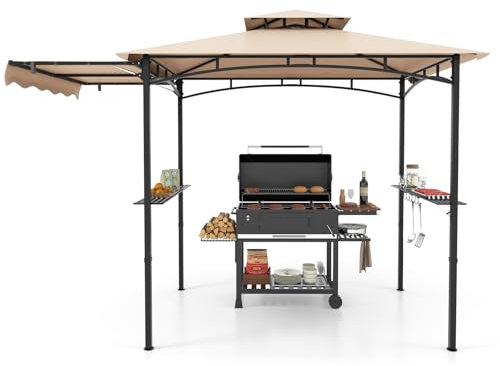 COSTWAY 2.5M (8ft) Grill Gazebo, Fire Resistant Waterproof Outdoor BBQ Shelter with 2 Side Shelves, Hooks and Bottle Opener, Double Tiered Grill Canopy for Patio Garden (Beige, with Side Awning)