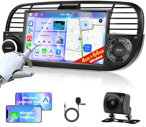 4G+64G Carplay Autoradio per Fiat 500 2008-2015 con Wireless Android Auto, 7 Bluetooth Car Stereo Schermo Android 15 con GPS/5G WiFi/RDS/FM/SWC/USB/Mirror Link+AHD/CVBS Telecamera Posteriore + Mic