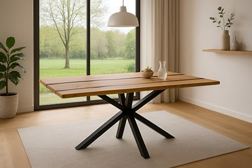 SAM Esstisch Pedro Epoxy 140x80 cm Akazie Natur Baumkante Spider schwarz | Baumkantentisch massiv, Akazienholz naturfarben, Resin/Epoxidharz-River in Schwarz, Metallgestell