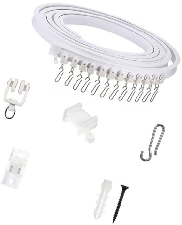 WOURRD Flexible Deckenvorhangspur Set Easy Glides Designs Weißschienen Mit Rollenhaken Für Duschfenster Und Raumteiler