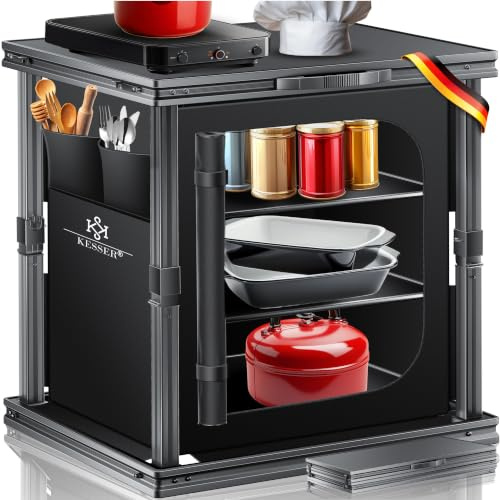 KESSER® Cucina da campeggio pieghevole, armadio da campeggio per esterni, 60 x 80 cm, armadio da cucina con struttura in alluminio, 3 scomparti, include set di 4 bicchieri, tasche laterali e