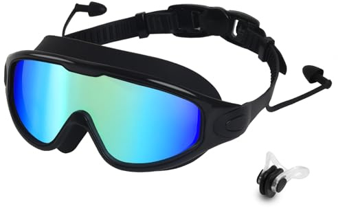 CJAYKMO Swim Goggles for Adults, Wide View Anti-Fog & UV Swimming Goggles with Nose Clip & Ear Plugs, No Leak for Men-Black