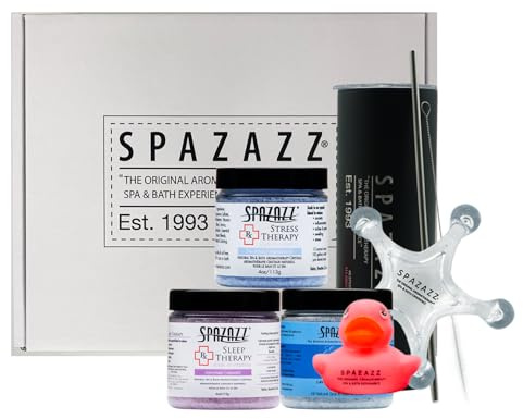Spazazz Set regalo per aromaterapia spa con vasca idromassaggio, tre sali da bagno da 113,4 g per sonno, stress e lavanda Palmarosa con bicchiere, massaggiatore a 5 punti e anatra in gomma, regalo