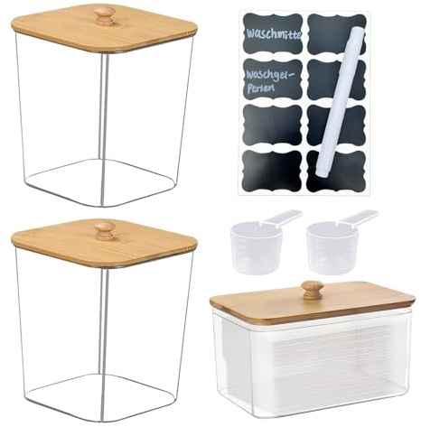 WYYHQO Waschmittel Aufbewahrung, 3 Stück Wäschepods Behälter, Waschmittelbox mit Bambusdeckel, mit Blankoetikett Geliefert, Waschpulver Aufbewahrungsbox, für Waschpods, Badebomben, DuftverstäRker