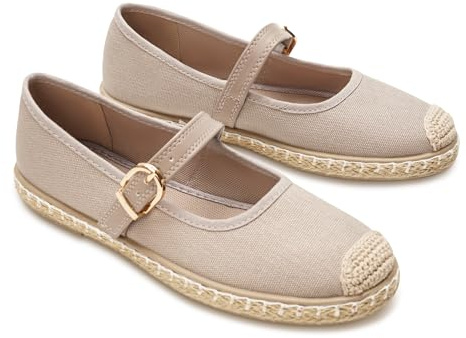 GLAMORA Merceditas Mujer con Hebilla Bailarinas Esparto Manoletinas de Punto Transpirable Zapatos Planos Mujer Suela de Goma Antideslizante Estilo Alpargata Calzado Verano Cómodos Ligeros kaki-39