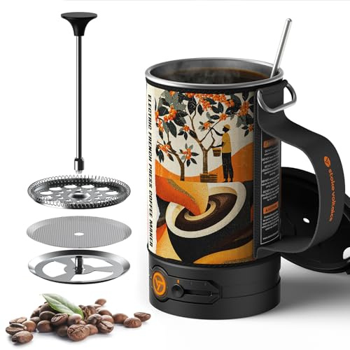 Stoke Voltaics Cafetière électrique à piston française, faire bouillir de l'eau et presser le café 2 en 1, design portable pour le camping, les voyages, préparation en 6 minutes