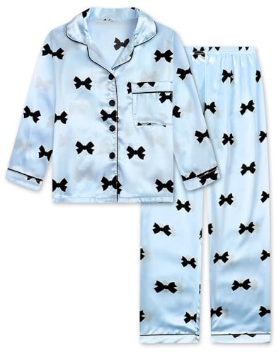 JiAmy pyjamas flickor långärmad pyjamas set sommar barn satin pyjamas 2 stycken button down tonåring nattkläder rosett tryck nattkläder ålder 8–12, blå, 10-11 år