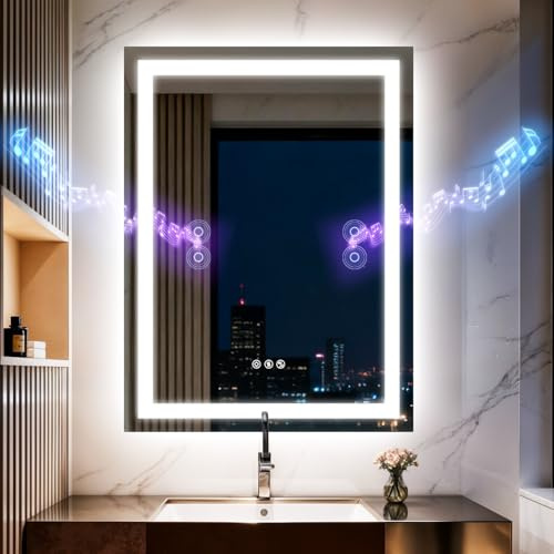 Olyvren 24x32 LED Bathroom Mirror with Lights,Bluetooth Dual Speaker,Anti-Fog,3 Color Temperature,Dimmable Brightness,Memory Function,Waterproof,Wall Mount Design,Tempered Glass
