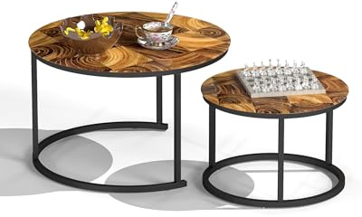 Ginhow Couchtisch Rund Glas 2er Set, Glastisch Wohnzimmer, Beistelltisch Couch mit Holz-Effekt, Coffee Table mit schwarzem Rahmen, Moderner Wohnzimmertisch Rund
