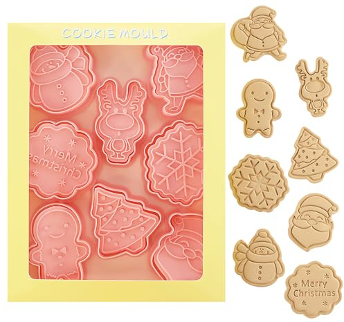 8 Pcs Christmas Cookie Cutter Set, Christmas Biscuit Cutters, 3D Pressable Christmases Cookie Stamps, for Baking,Christmases Tree,Snowman,Reindeer,Santa,Snowflake,Gingerbread Man and More