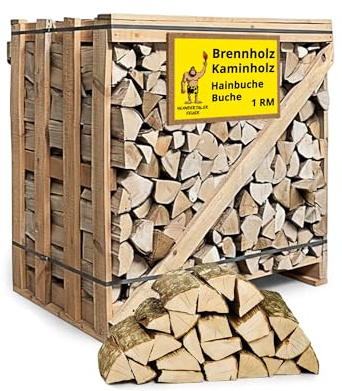 Neandertaler Feuer Brennholz Kaminholz Hartholz - 1RM Box 25 cm Holz für Kamin Ofen Pizzaofen Grill Smoker Kaminofen Holzofen | 1 Raummeter Feuerholz Buchenholz auf Palette | Firewood Woodfire
