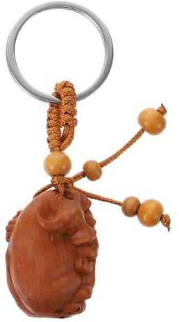 LALADEFIEE Portachiavi Portachiavi Carino in Stile Cinese in Legno di Pesca a Forma di Bue Zodiacale Incisione Fine e Superficie Liscia Adatto da Appendere a Telefono o Ovunque
