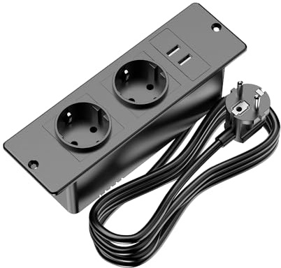 250V 16A Regleta Enchufes Proteccion Sobretension, Toma De Empotrar con 2 USB, Regleta Empotrable De 2 Vías con Cable De 1.5m, Múltiple para Muebles O Superficies De Trabajo, Decoracion Hogar, Negro