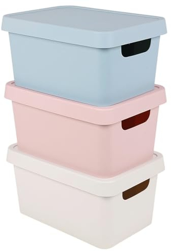Set of 3 Plastic Storage Boxes with Lids - 3.6 Litre Stackable Containers for Home, Office & Kids Room - Green, Pink & White - Durable, Space Saving Organiser Bins for Toys, Crafts & Accessories