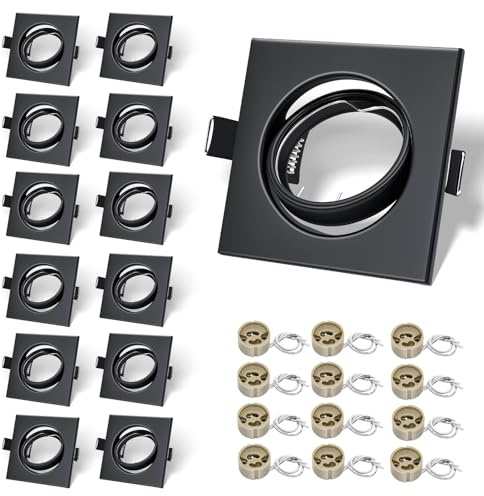 LteelDay 12-Pack Matte Black Dual GU10 Recessed Ceiling Light Frames – 30° Adjustable Square Mounting Kit, 87x87mm, Cut-Out 68-80mm, for Twin Spotlights, Includes 12 VDE Sockets