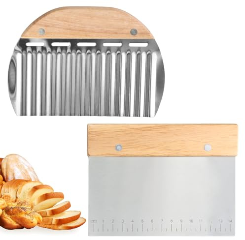 Samlonge Pack of 2 Stainless Steel Dough Scrapers, Dough Card with Wooden Handle and Scale, Wave Shape Kitchen Scraper, 15 cm Dough Cutter Stainless Steel for Cutting Dough, Bread, Cake, Vegetables