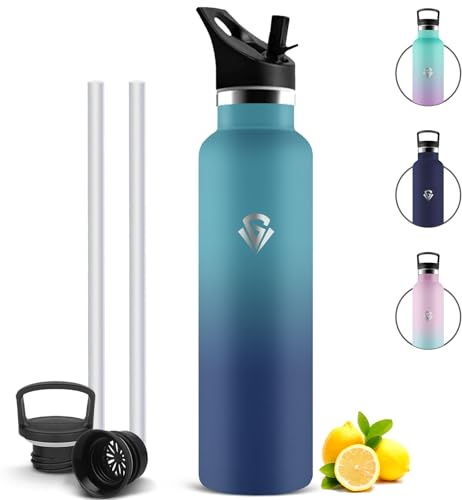 Mujigaga Gourde Isotherme 1l, Bouteille d'eau en Acier Inoxydable, Anti Fuite Bouteille Isotherme sans BPA, Gourde Sport Inox avec Paille pour Velo, Yoga, Randonnee