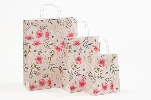 Papiertragetasche Blütenpracht Blumen mit Kordel, Geschenktasche, hochwertiges Kraftpapier mit Frühlings Motiv – ideal für Handel und als Geschenkverpackung 18 + 8 x 22 cm (100)