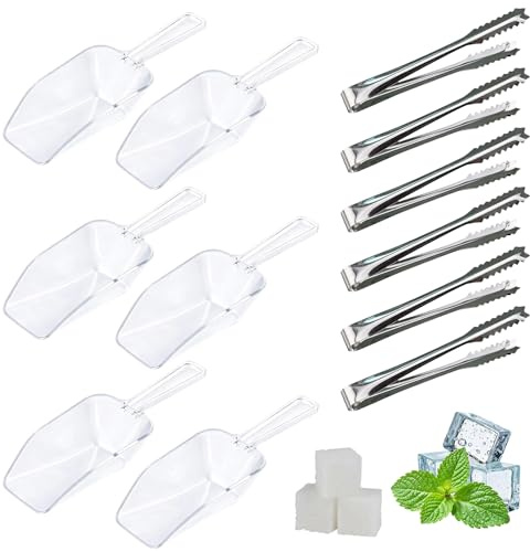 12Pcs Transparent Ice Scoop and Ice Tongs, Multi-Purpose Kitchen Tool Set | Lightweight Catering Supplies For Ice Cubes, Sweets, Kitchen, Cafe And Home Party Use