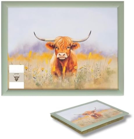 Higland Cow Lap Tray with Bean Bag Cushion - Large Padded Tray with Cushion for Kids Adults - Multipurpose, Suitable for Food, Work, Art, Crafts, Studies, TV, Sofa, Bed - 43cm x 33cm