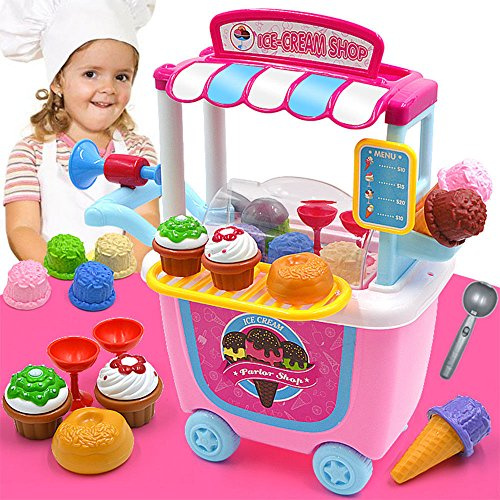 EVERGD Cute Kids Simulation Ice Cream Shop Dresser Cart Pretend Toy Set Role play Gift